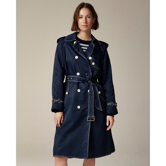 NWT J.Crew Womens Double-Breasted Navy Trench Coat 6 Recycled Polyester Button - Picture 1 of 12